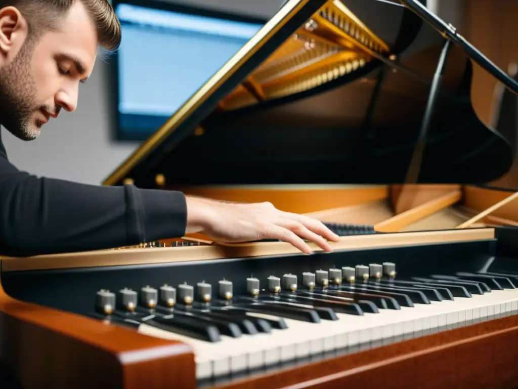 Un ingeniero de sonido ajusta con precisión micrófonos alrededor de un piano de cola en un estudio de grabación, resaltando la importancia de capturar la autenticidad acústica de los instrumentos musicales