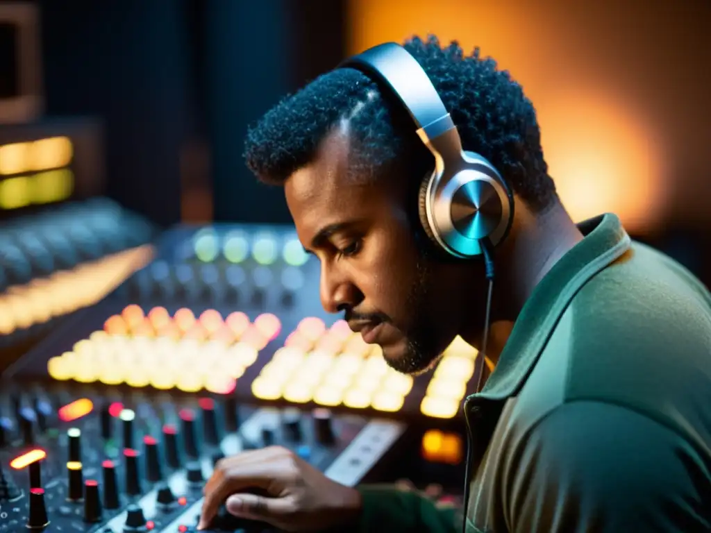 Un ingeniero de sonido ajusta con precisión niveles de audio en una consola en un estudio, creando sonido 3D para videojuegos