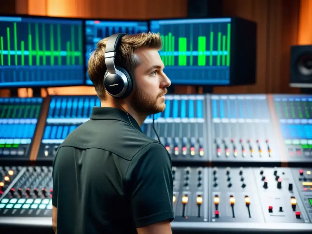 Un ingeniero de sonido ajusta con precisión niveles y efectos en un estudio profesional