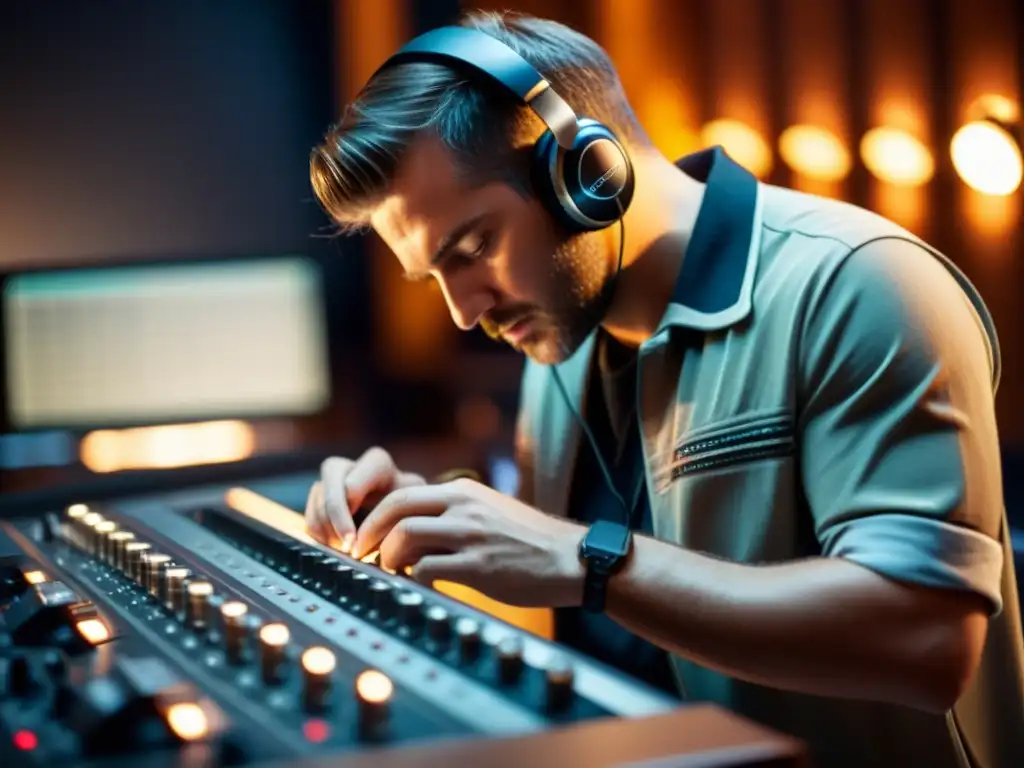 Un ingeniero de sonido ajusta con precisión un transductor en un instrumento musical en un estudio lleno de tecnología y equipos musicales