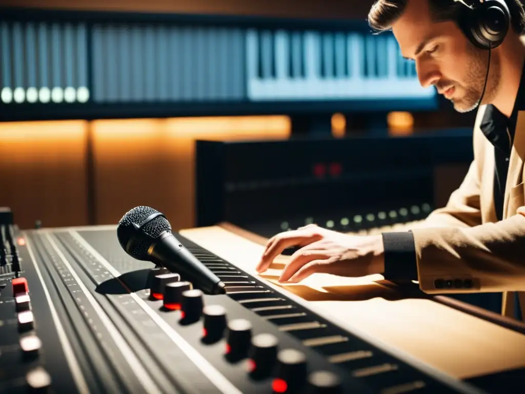 Un ingeniero de sonido profesional ajusta con precisión la colocación de micrófonos frente a un piano de cola en un estudio de grabación