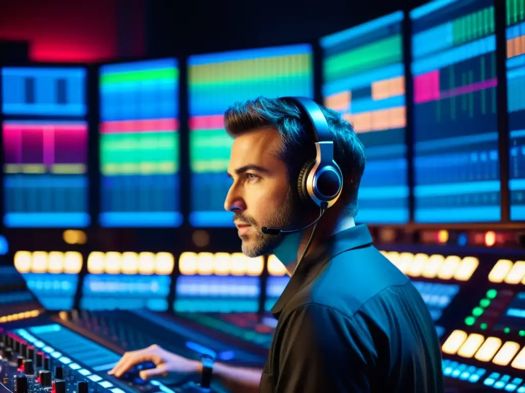 Un ingeniero de sonido profesional trabaja en una consola de mezcla en un estudio de grabación de vanguardia, rodeado de equipos de alta tecnología y pantallas con ondas de sonido