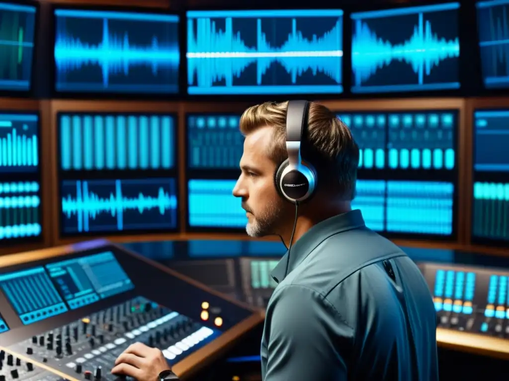 Un ingeniero de sonido profesional trabajando en una consola de mezcla en un estudio de grabación de última generación