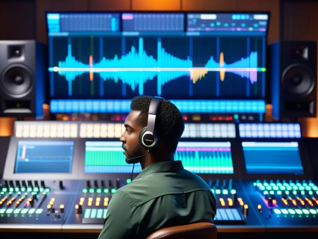 Un ingeniero de sonido profesional ajusta controles en una consola, rodeado de equipos en un estudio de grabación