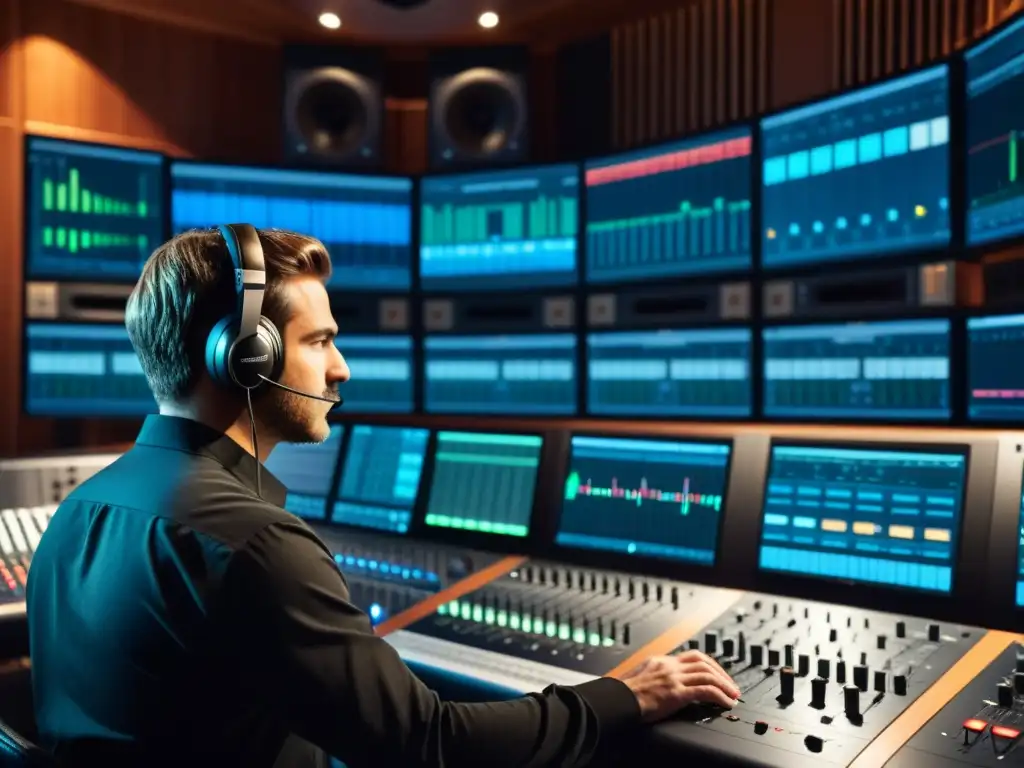 Ingeniero de sonido en estudio de grabación avanzado Un ingeniero de sonido profesional en un estudio de grabación de vanguardia ajustando equipos de mezcla en 3D