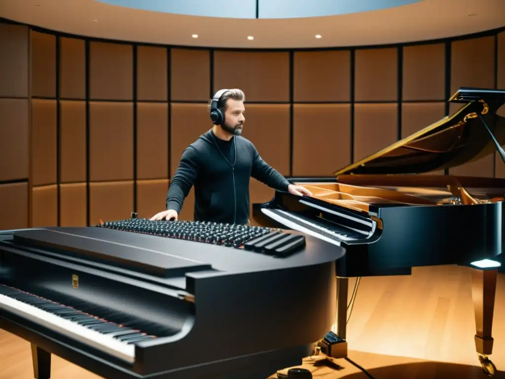 Un ingeniero de sonido profesional ajusta un micrófono ambisonic alrededor de un piano de concierto en un estudio de grabación de última generación, mostrando técnicas de grabación ambisonic para instrumentos con maestría