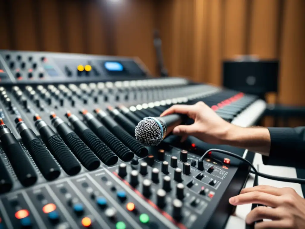 Un ingeniero de sonido profesional selecciona y posiciona micrófonos en una actuación en vivo, mostrando su expertise