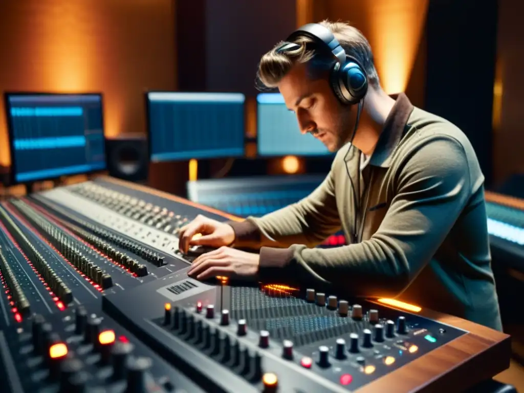 Un ingeniero de sonido profesional ajusta niveles en una consola mientras músicos tocan apasionadamente