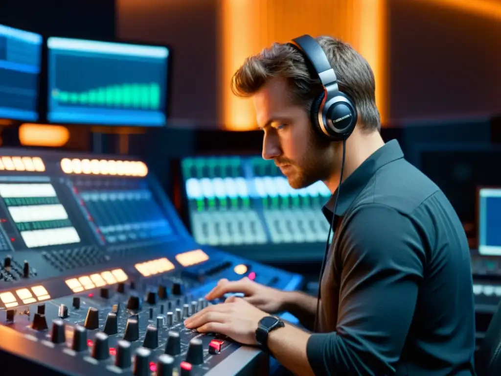 Un ingeniero de sonido profesional ajusta niveles en una consola de mezcla en un estudio de grabación