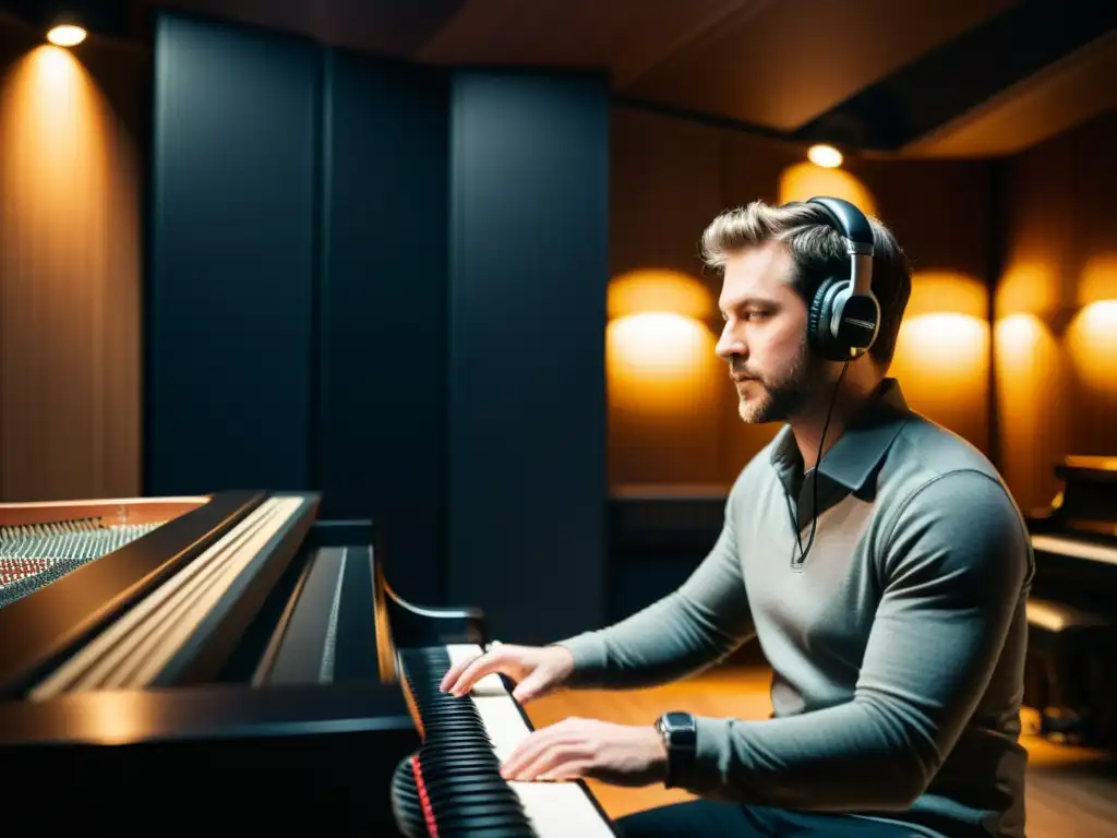 Un ingeniero de sonido profesional ajusta los paneles de aislamiento acústico alrededor de un piano de cola en un estudio de grabación