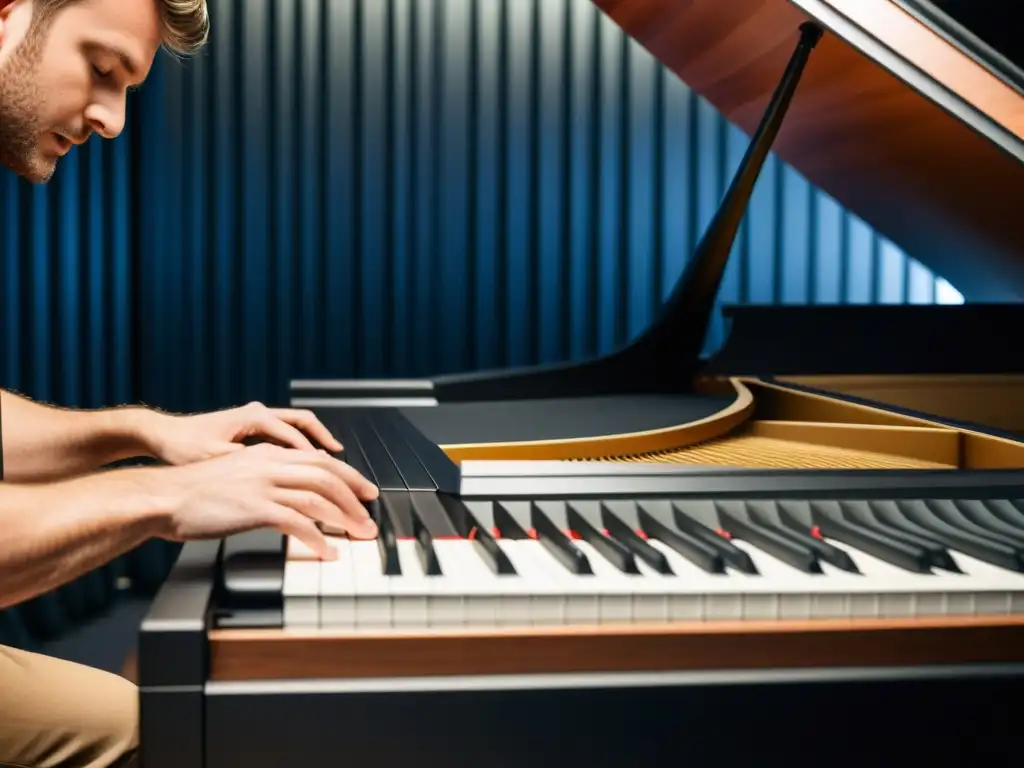 Un ingeniero de sonido profesional ajusta paneles acústicos alrededor de un piano de cola en un estudio de grabación de última generación, demostrando técnicas de aislamiento para grabaciones claras con precisión y concentración