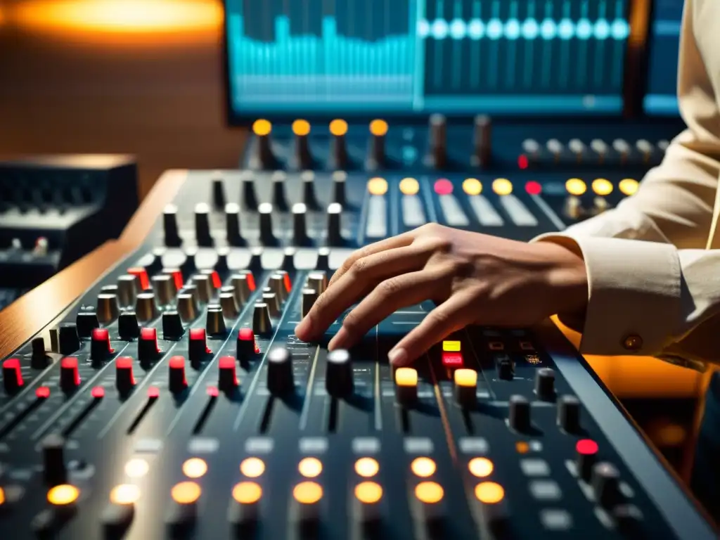 Un ingeniero de sonido interpreta variaciones de volumen en un estudio, sumergido en la meticulosa manipulación de la música