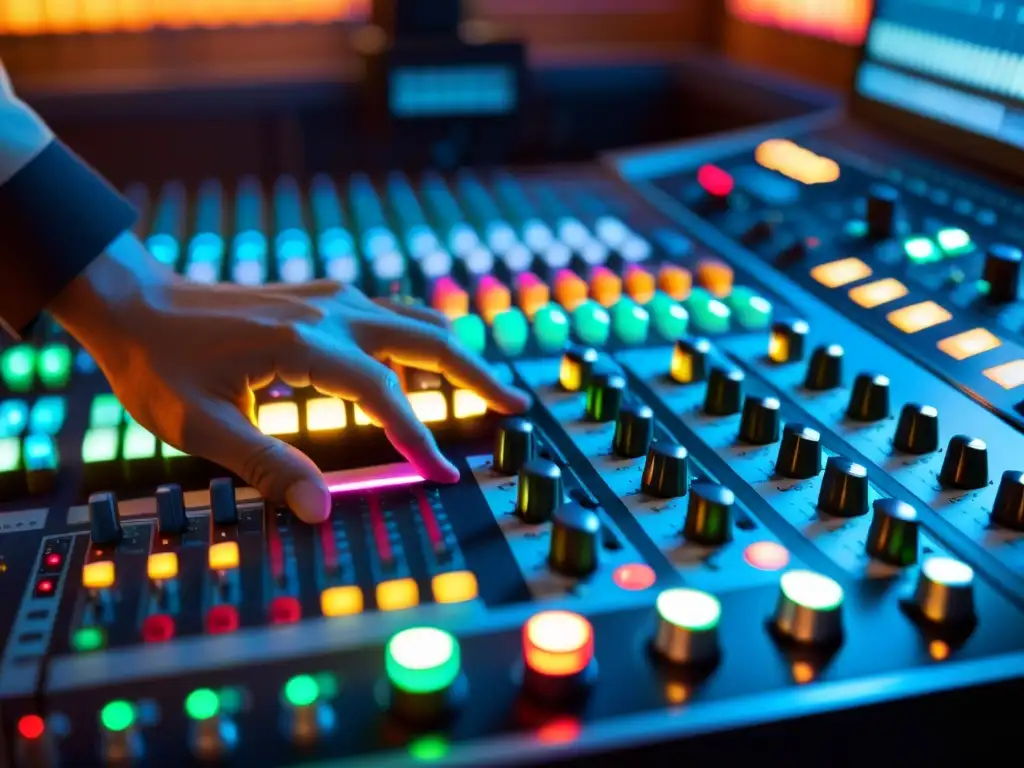 Un ingeniero de sonido interpreta variaciones de volumen en un estudio de grabación, ajustando con delicadeza los controles de una consola de mezclas