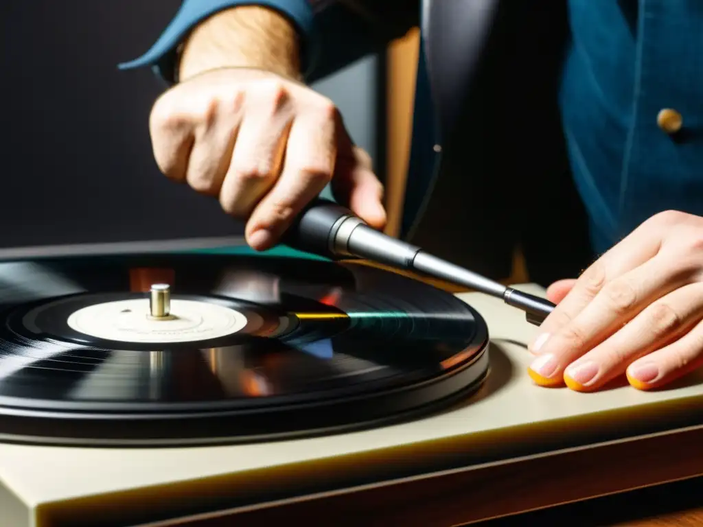 Un ingeniero de sonido restaura digitalmente un vinilo, capturando la esencia de la restauración digital de sonido grabado