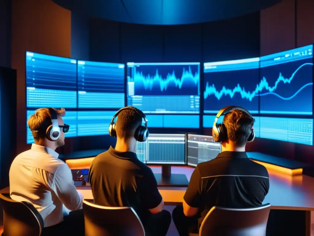 Ingenieros de audio prueban la fidelidad acústica en realidad virtual rodeados de tecnología de vanguardia y monitores con patrones de ondas sonoras