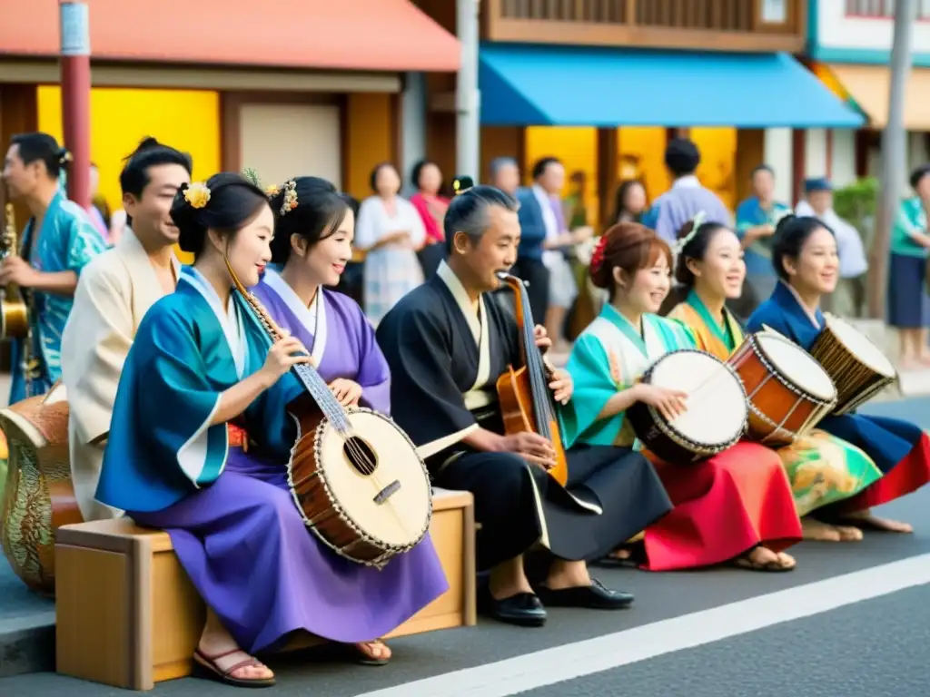 Inmigrantes japoneses tocan música tradicional en una animada calle costera, mostrando la influencia de la migración japonesa