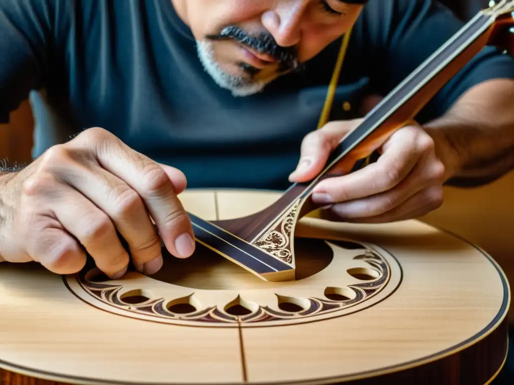 Innovaciones en acabados de instrumentos musicales: Detalle de luthier aplicando diseño de incrustaciones en guitarra acústica artesanal, mostrando destreza y arte