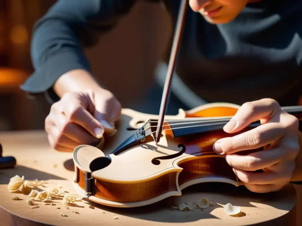 Innovaciones en la construcción de violines: Un luthier experto talla delicadamente diseños en un violín, con destellos cálidos iluminando su taller