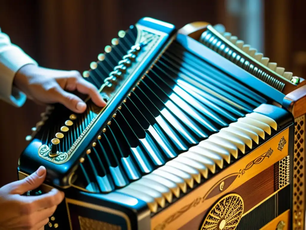 Innovaciones en el diseño de acordeones: Artesano habilidoso elabora detalladamente un acordeón tradicional, resaltando su artesanía y tradición