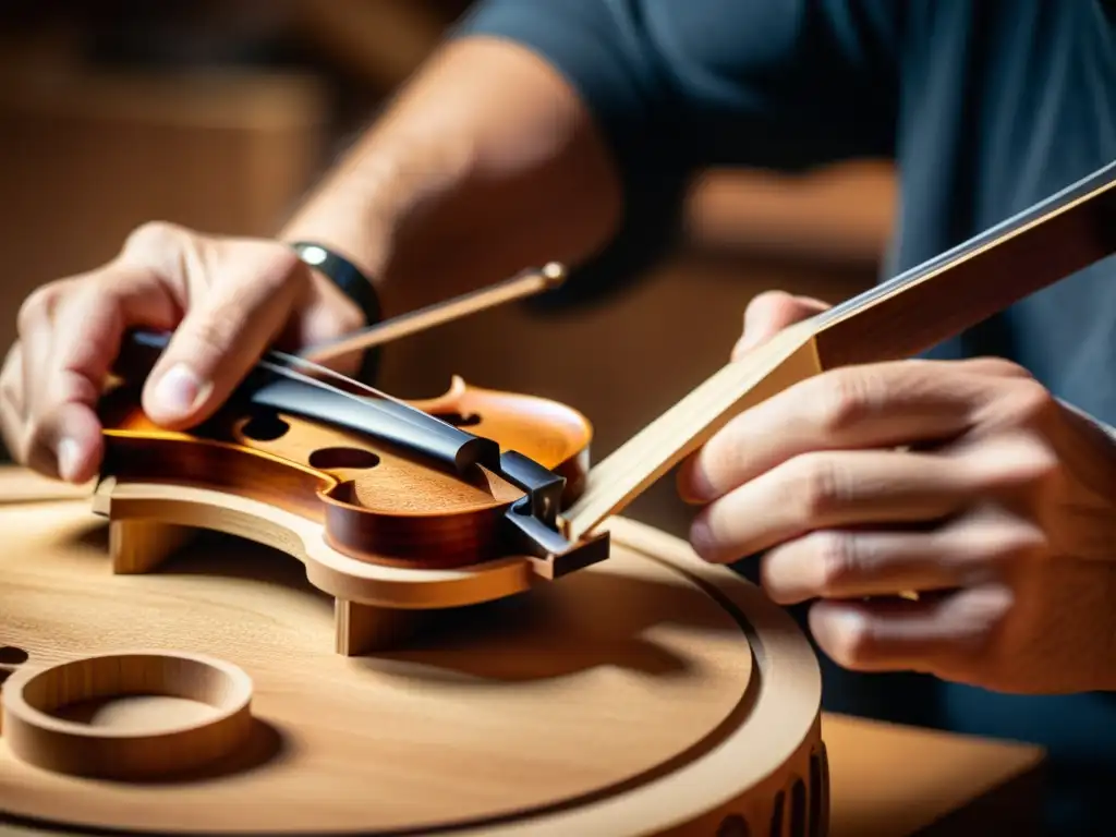 Innovaciones en diseño de instrumentos musicales: Un luthier habilidoso tallando detalladamente un puente de violín con precisión y dedicación, resaltando la artesanía y la textura natural de la madera