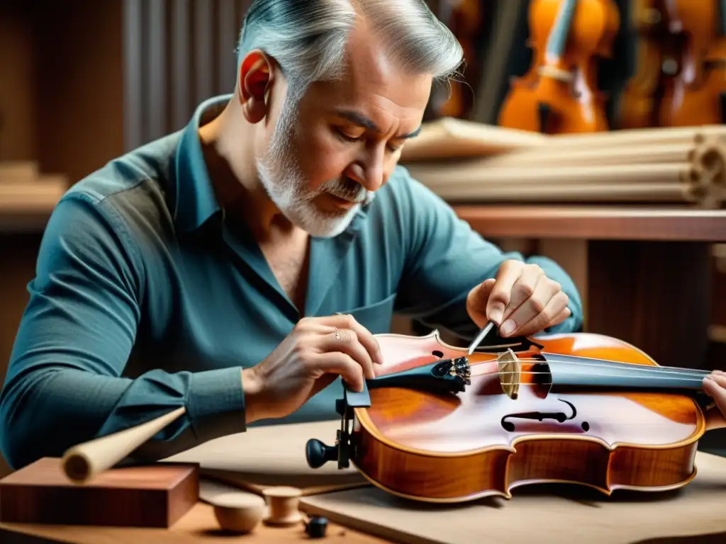 Innovaciones en diseño de instrumentos musicales: Un luthier talla intrincados diseños en un violín artesanal, rodeado de herramientas especializadas y virutas de madera