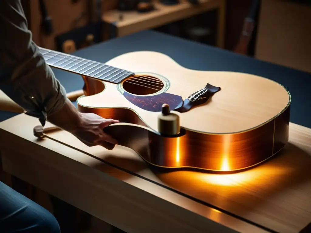 Innovaciones en diseño de instrumentos musicales: Artesanía detallada de una guitarra acústica en un taller cálido y tenue