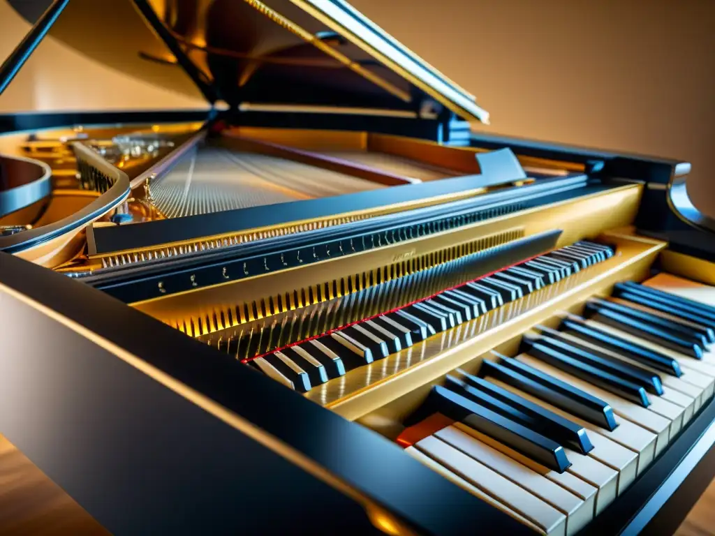 Innovaciones en diseño de pianos de cola: Detalle del mecanismo interno de un piano de cola, resaltando su sofisticación técnica y belleza artística