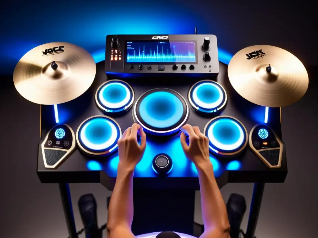 Innovaciones electrónicas en instrumentos de percusión: Imagen de batería electrónica de alta tecnología con diseño futurista y luces dinámicas