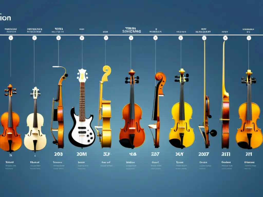 Innovaciones en instrumentos de cuerda frotada: Detallado gráfico de la evolución de instrumentos como violín, viola, y cello en el siglo XX