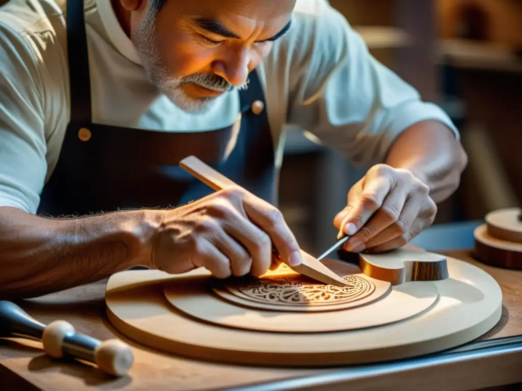 Innovaciones en instrumentos de cuerda frotada: Un luthier esculpe con precisión la madera para crear el cuerpo de un violín, con destreza y pasión