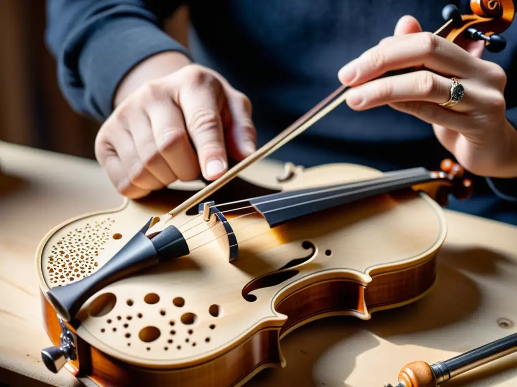 Innovaciones en la luthería de instrumentos: un luthier talla con maestría las Fholes de un violín, sus manos bañadas por cálida luz natural