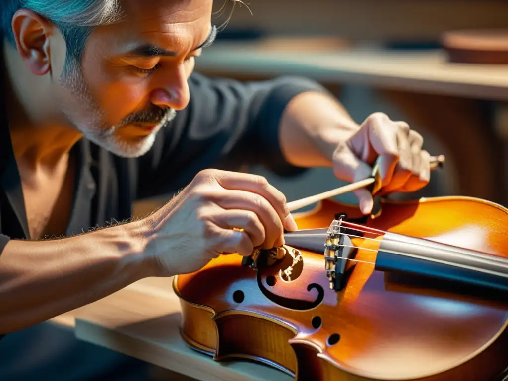 Innovaciones en la luthería de instrumentos: Un luthier talla con precisión en la madera de un violín, iluminado por cálidas luces de taller