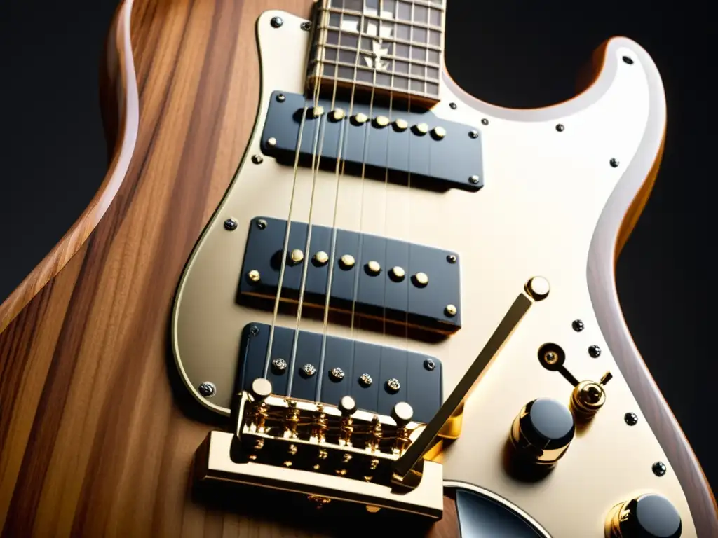 Detalles impresionantes de guitarra eléctrica customizada Innovaciones recientes en guitarras: Detalle de una guitarra eléctrica personalizada con un diseño moderno y detalles intrincados en el diapasón