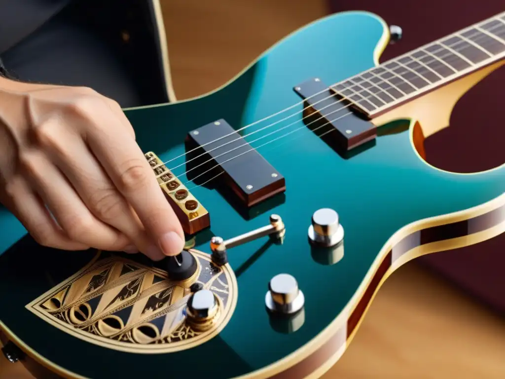 Electric Guitar 8K: Pasión y Destreza en Estudio Innovaciones recientes en guitarras: Imagen en 8k de una guitarra eléctrica personalizada en un estudio con iluminación dramática, resaltando la destreza del músico