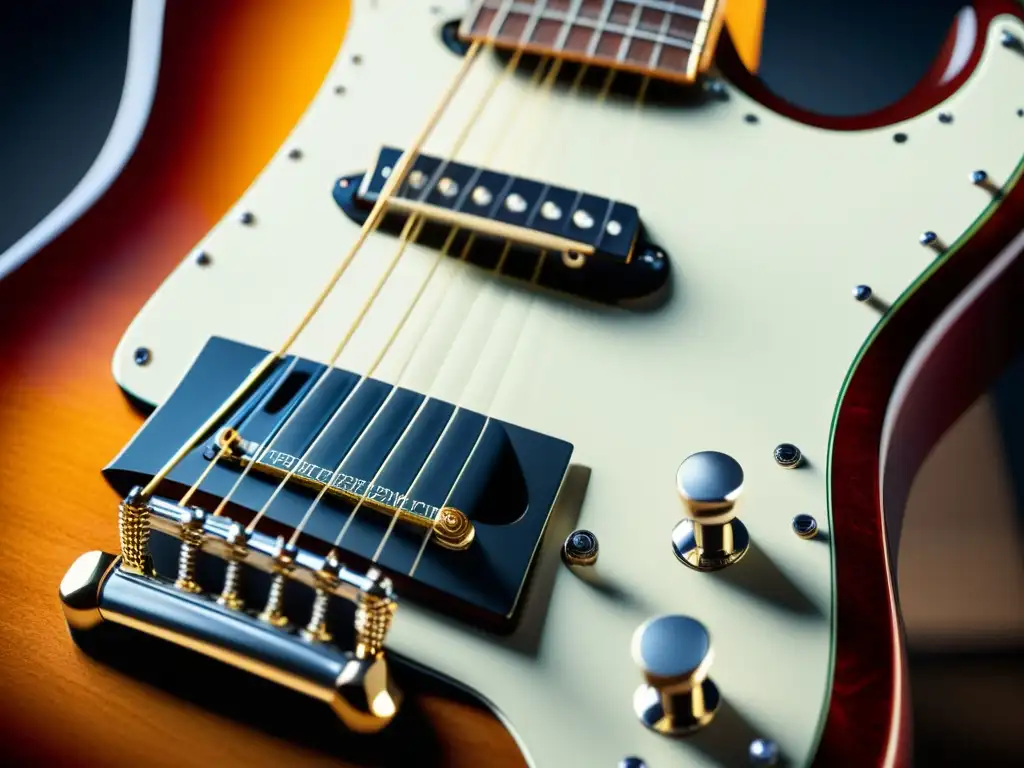 Guitarra eléctrica personalizada con innovadora tecnología de diapasón 'Innovaciones recientes en guitarras: Una toma detallada de una guitarra eléctrica personalizada con tecnología innovadora en el diapasón, destacando el diseño intrincado de los trastes y las cuerdas