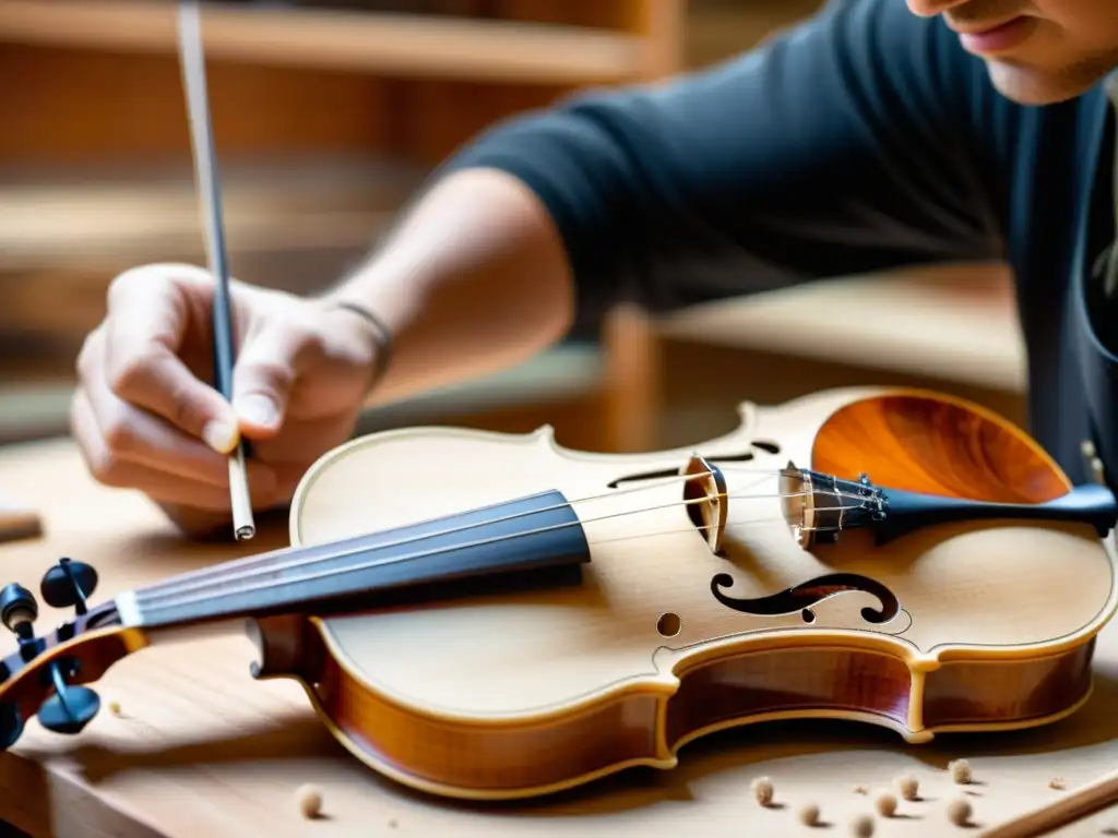 Innovaciones en restauración de instrumentos musicales: Luthier restaurando con precisión un violín antiguo, rodeado de herramientas y materiales, evocando artesanía y expertise