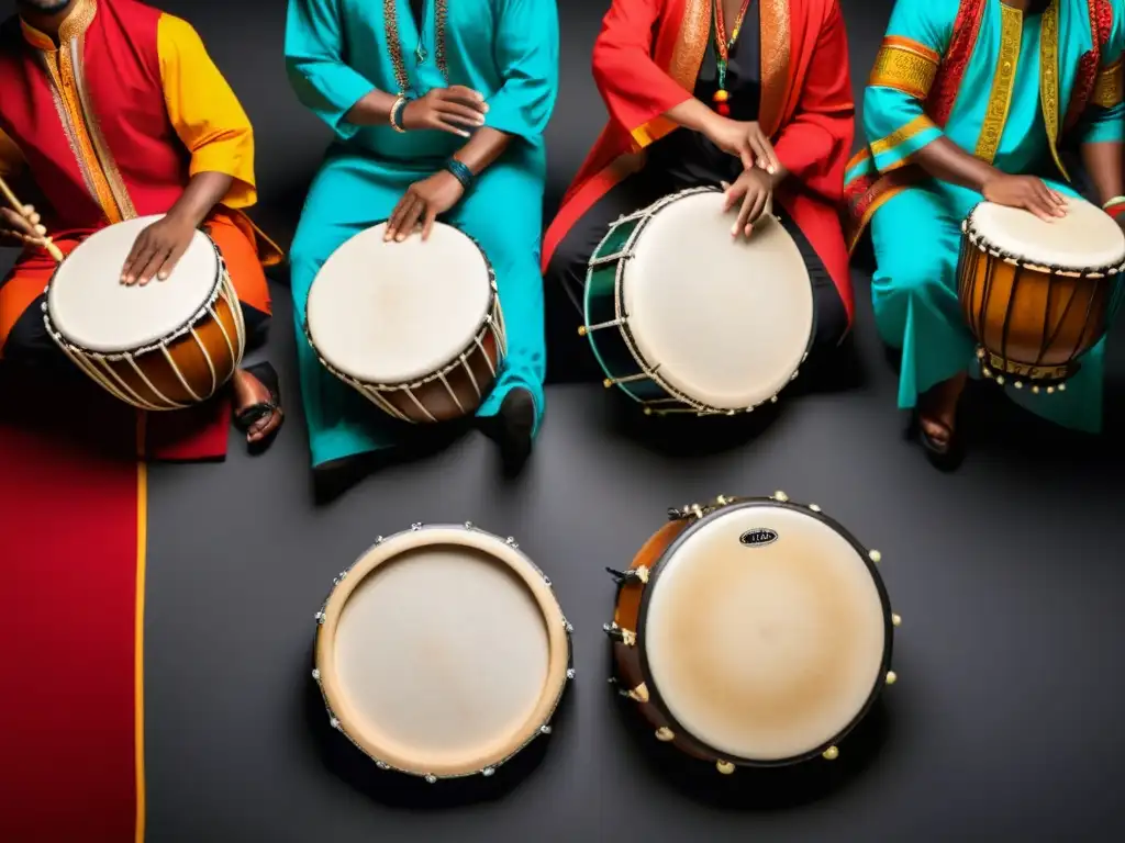 Innovaciones en percusión siglo XX: Grupo multicultural de percusionistas tocando instrumentos tradicionales y contemporáneos, transmitiendo pasión y diversidad cultural