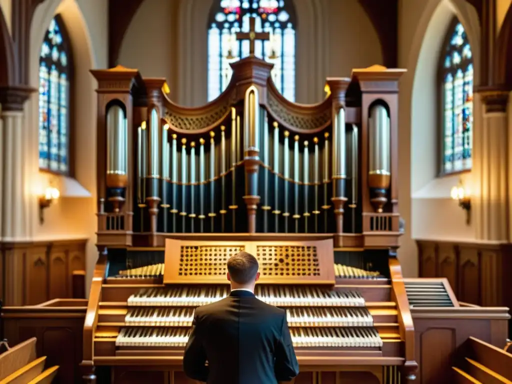 Innovaciones técnicas del órgano de iglesia: escena documental de un organista tocando el intrincado instrumento durante un servicio tradicional