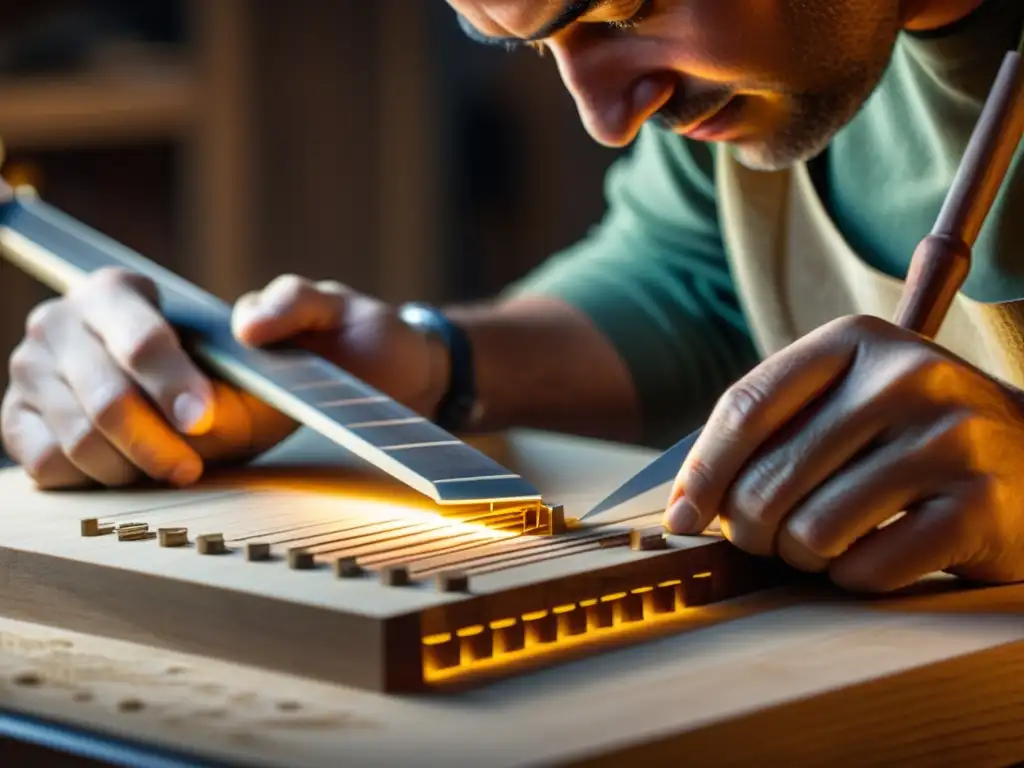 Innovaciones en la fabricación de trastes para instrumentos de cuerda: artesano experto moldea con precisión en un taller cálido y acogedor