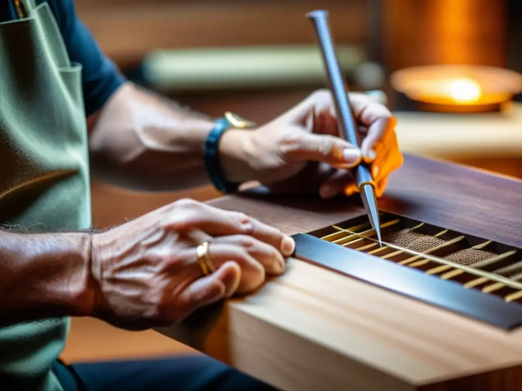 Innovaciones en fabricación de trastes para instrumentos de cuerda: luthier experto trabajando meticulosamente en un traste de guitarra a mano