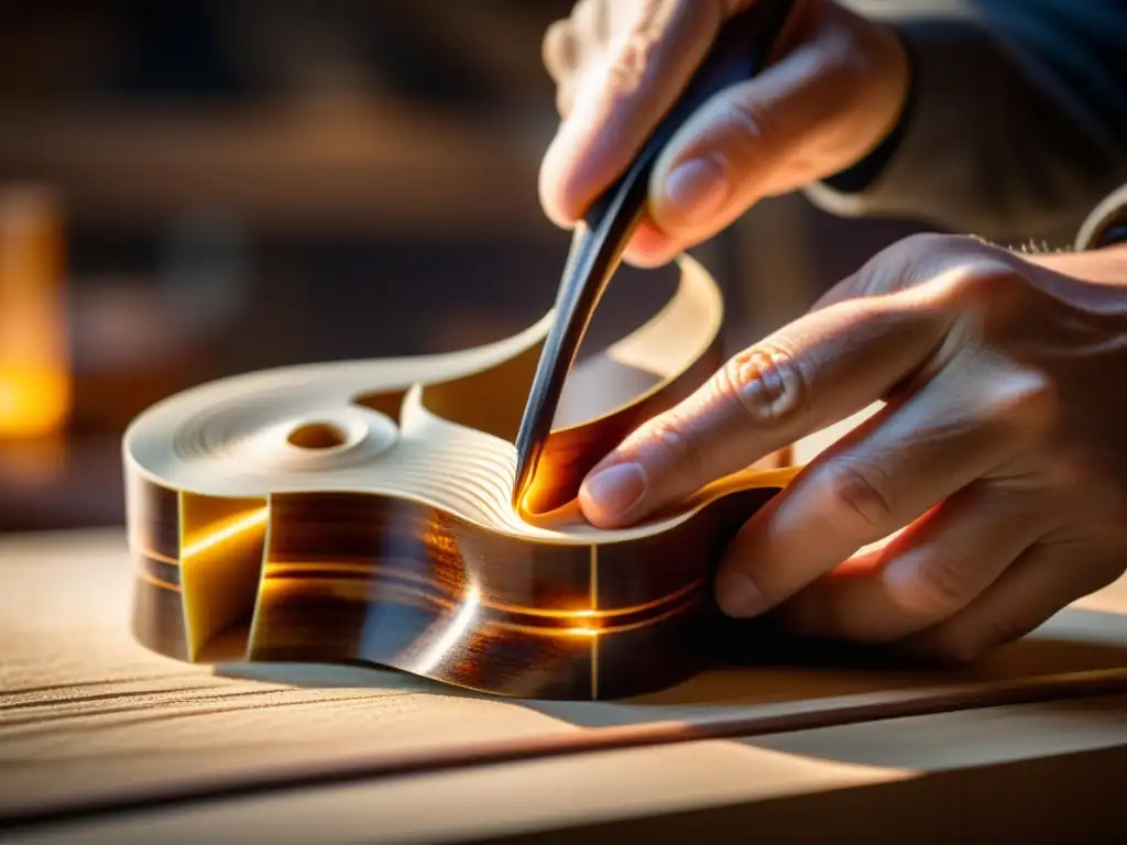 Innovaciones en la luthería de violines Stradivarius: Un luthier maestro esculpe con precisión los delicados detalles de un violín Stradivarius, con virutas suspendidas en el aire y el cálido resplandor del taller iluminando la artesanía