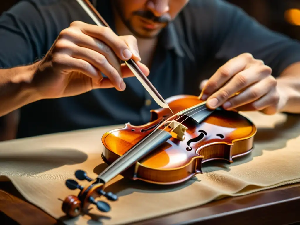 Innovaciones en la luthería de violines Stradivarius: Un luthier maestro talla con habilidad un violín Stradivarius en su tradicional taller, destacando la reverencia por este arte ancestral