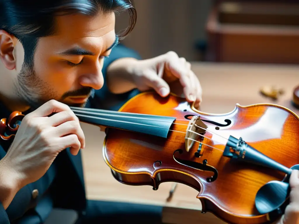 Innovadores procesos restauración instrumentos musicales: Detallada restauración de violín centenario por un hábil luthier bajo una luz brillante