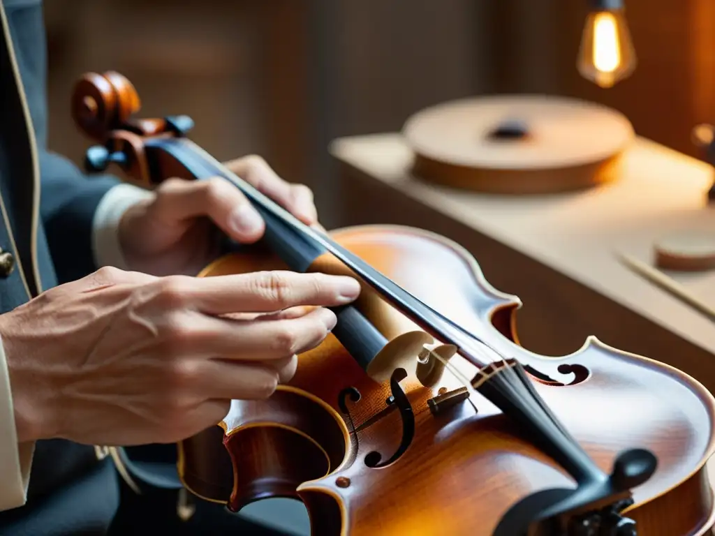 Innovadores procesos de restauración de instrumentos musicales: Luthier talla diseño en violín restaurado, destacando habilidad y precisión artesanal