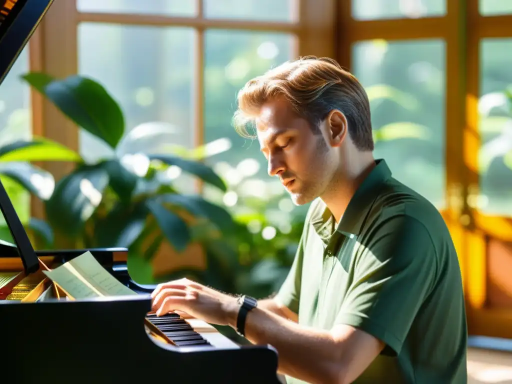 Inspiración para compositores en un ambiente sostenible y natural: un músico reflexivo rodeado de naturaleza, partituras y un piano bañado por la cálida luz del sol