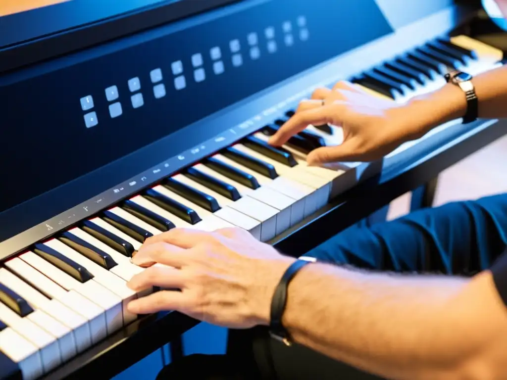 Un instructor de música muestra la colocación de los dedos en un piano digital, con multimedia educativa de fondo