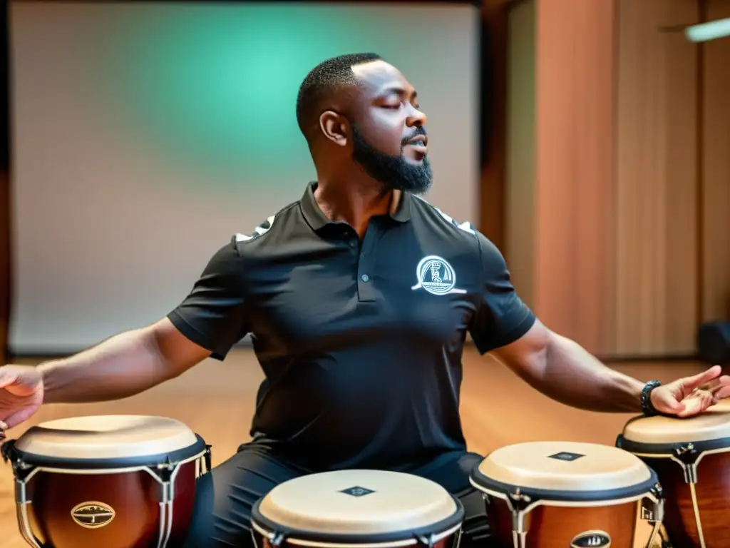 Un instructor de percusión enseña a estudiantes online, rodeado de instrumentos tradicionales