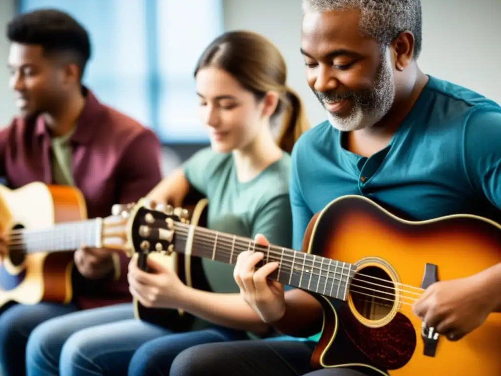 Un instructor de guitarra experto guía a estudiantes en la Academia Digital de Guitarra, creando un ambiente de aprendizaje inclusivo y colaborativo