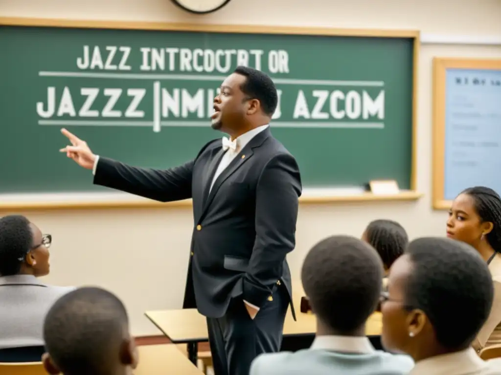 Un instructor de jazz apasionado enseña la historia del jazz a estudiantes comprometidos en un aula llena de instrumentos musicales y un ambiente cálido