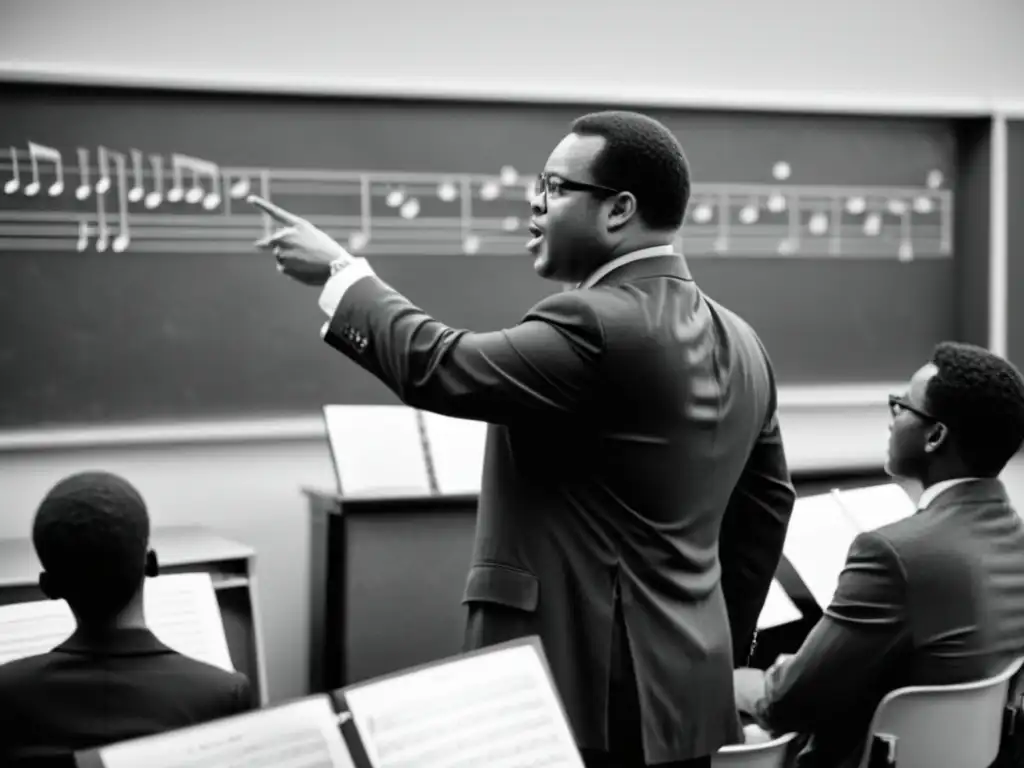 Un instructor de jazz apasionado enseña a estudiantes, creando una atmósfera inmersiva de enseñanza del jazz en educación